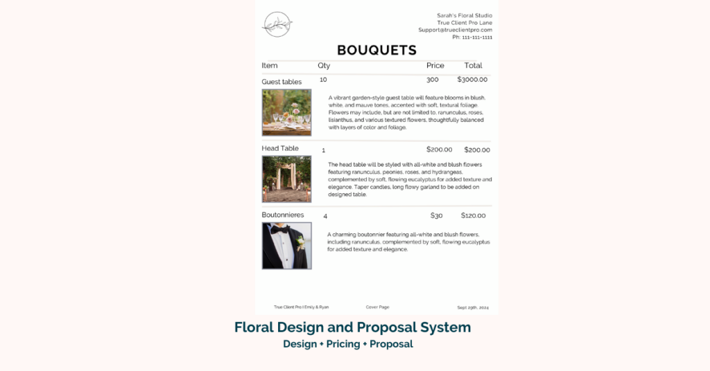 florist proposal software for wedding designers showing design, pricing, and structured proposal system