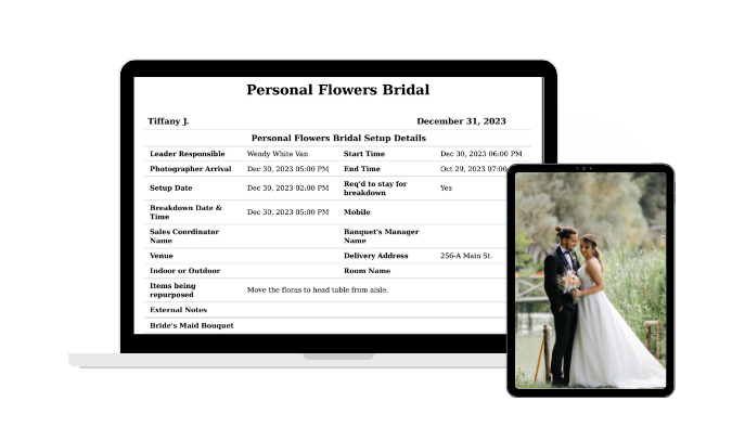 Event Day Reports For Florist and Planning Team Set Up and Strike Down Report With Instruction