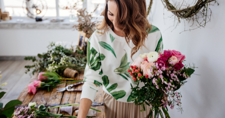 Home Based Florist Building Floral Bouquet With Fresh Flowes