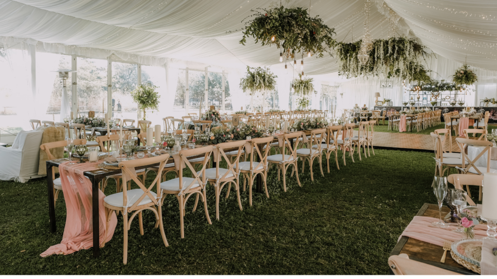 Cross Back Wooden Chairs Wedding Flower Decorations.